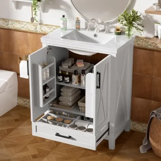 LOVSON 24''Bathroom Vanity Set, solid wood frame, equipped with soft-close doors, compartmentalized drawer, and double-tier storage shelf, white image {1}