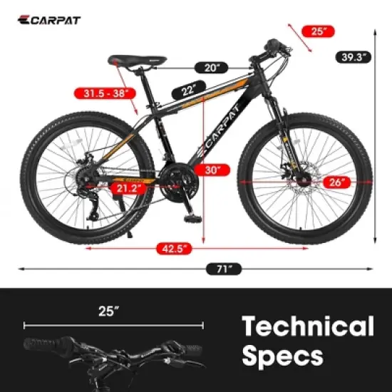 NAYSAYE Bicycle 26 Inch Mountain Bike 21 Speed Mechanical Disc Brakes Suspension MTB for Adults, Orange, 71"*25"*39.3" image {4}