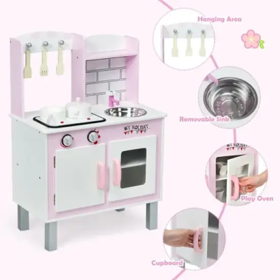 Costway Kids Play Kitchen Wooden Pretend Play Cooking Set Toys w/ Accessories image {9}