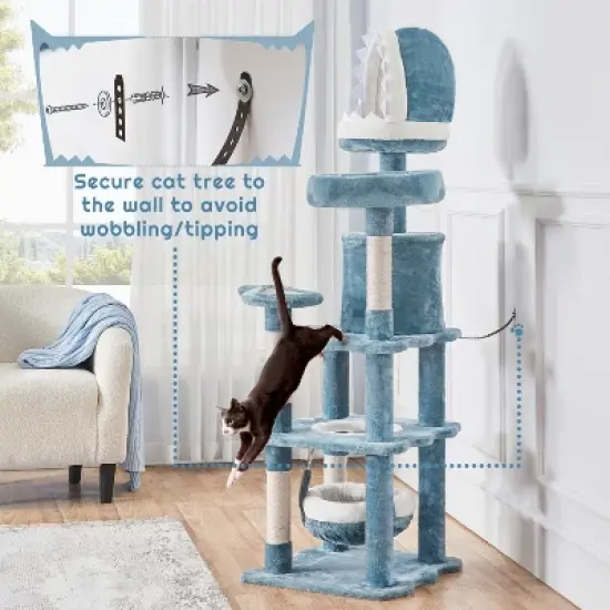 Yaheetech 61inch Multi-Level Ocean-themed Cat Tree, Blue image {5}