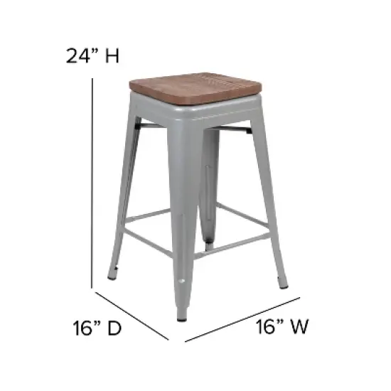 Merrick Lane 24 Inch Tall Stackable Metal Bar Counter Stool With Textured Elm Wood Seat In Set Of 4 image {10}