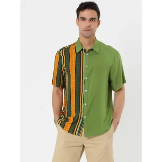 Lars Amadeus Men's Irregular Geometric Color Block Patchwork Button Down Short Sleeve Striped Shirts image {2}