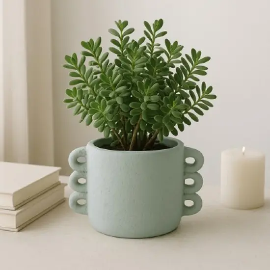 Pottery and Cement Planter with Unique Multi-Loop Handle Design, Stylish Contemporary Accent For Home D&eacute;cor image {2}