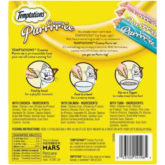 Temptations Creamy Purrrr-ee Chicken, Salmon and Tuna Lickable Squeezable Cat Treats Variety Pack - 24ct/10.1oz image {1}