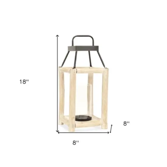 HomeRoots 18" Black And Natural Distressed Glass Metal And Wood Tabletop Lantern Candle Holder image {2}