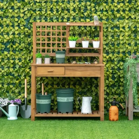 Outsunny Potting Bench Table, Garden Work Bench, Outdoor Wooden Workstation with Tiers of Shelves and Drawer for Patio, Courtyards, Balcony image {1}