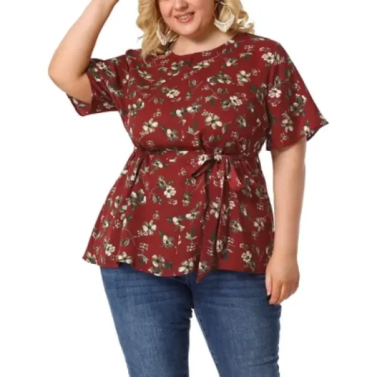 Agnes Orinda Women's Plus Size Ruffle Short Sleeve Chiffon Floral Blouse image {7}