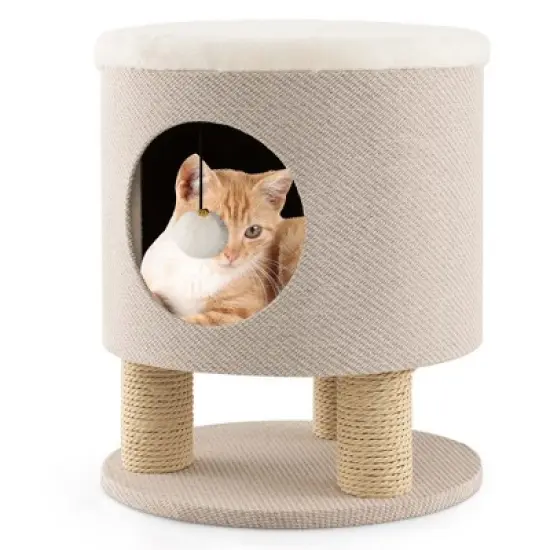 Costway 3-IN-1 Cat Condo Stool Kitty Bed with Scratching Posts & Plush Ball Toy Beige/Grey image {10}