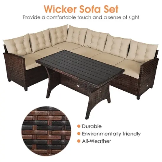 Costway 3PCS Rattan Dining Set Patio Furniture 6 Seats Sofa Cushioned image {6}