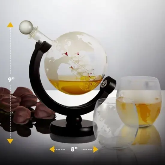 Berkware Globe Etched Whiskey Decanter Set with Interior Hand-Crafted Glass Ship - 28oz with 2 10oz Globe Glasses image {2}