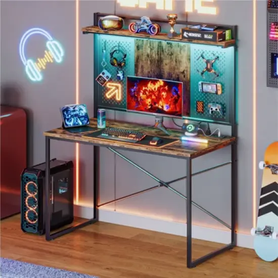 Bestier Gaming Desk with Power Outlets & LED Light, 39.3'' Computer Desk Office Table with Storage Shelves Pegboard image {9}
