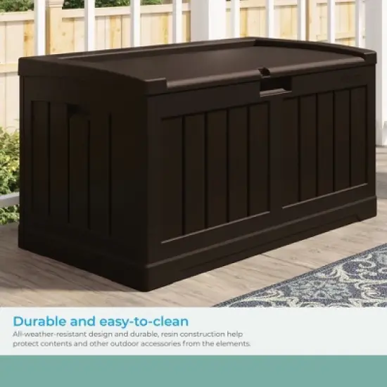 Suncast 50 Gallon Medium Capacity All Weather Construction Resin Outdoor Storage Deck Box with Bench Seat and Lid for Patio, Garden, or Pool, Java image {5}