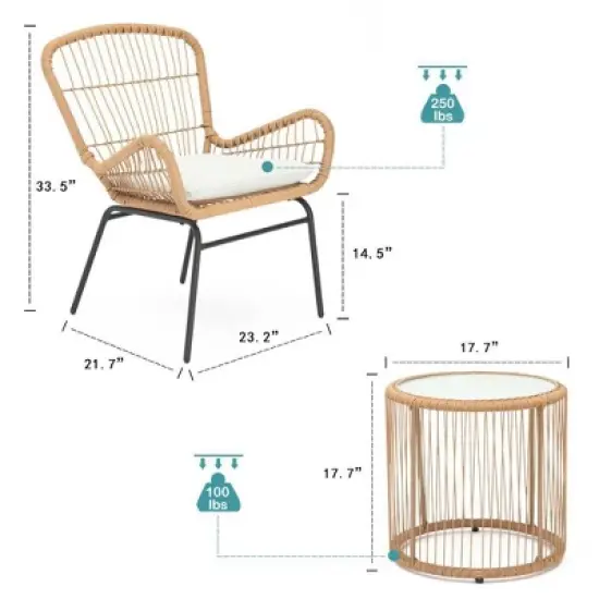3pc Outdoor Wicker Chairs with Glass Top Table & Soft Cushions - Brown - WELLFOR image {5}