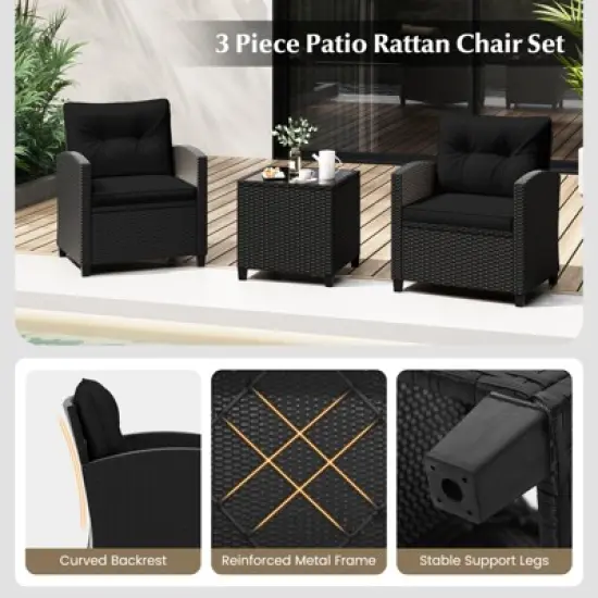 Tangkula 3 Piece Patio Furniture Set, Rattan Conversation Set w/Soft Seat & Back Cushions, Tempered Glass Topped Coffee Table Black image {7}