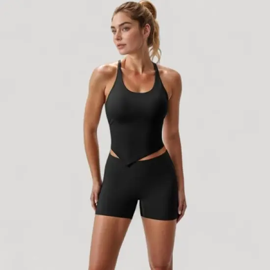 Anna-Kaci Active Women's Scoop Neck Racerback Tank Top with Handkerchief Hem and Built-In Shelf Bra for Low Impact Activity image {2}