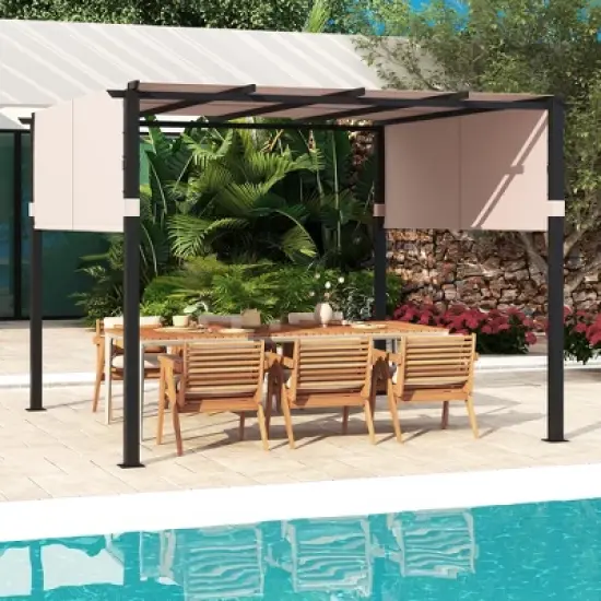 Tangkula 10 x 10 ft Flat Top Pergola w/ Retractable Canopy Outdoor Grill Gazebo image {2}