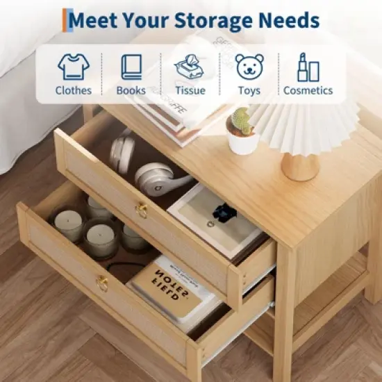 GustoWave Rattan Night Stand Set of 2,with 2 Rattan Drawers,Large Bedside Table Side Table with Open Storage Shelf, Farmhouse Nightstand image {5}