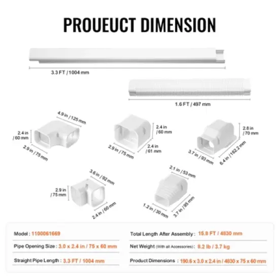 VEVOR Mini Split Line Set Cover 3-inch W 15.8Ft L, PVC Decorative Pipe Line Cover For Air Conditioner with 4 Straight Ducts, White image {7}