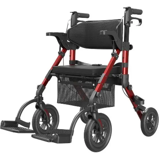 Walkers-for-Seniors, Rollator-Walker-with-Seat, Transport-Wheelchair-Lightweight-Foldable, Rollator Transport Chair with Brakes-Red image {1}