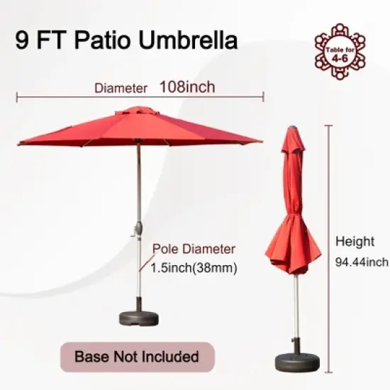 Syemin Outdoor Patio Umbrella with 8 Sturdy Ribs, Push Button Tilt and Crank, Waterproof, UV-Resistant Uitable for Garden, red, 108"*108"*94.44" image {1}