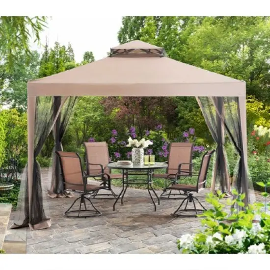 Sunjoy 10 x 10 Foot Hampton Soft Top Steel Supported Gazebo Shaded Canopy with Mosquito Netting for Large Outdoor Spaces and Backyards, Brown image {3}