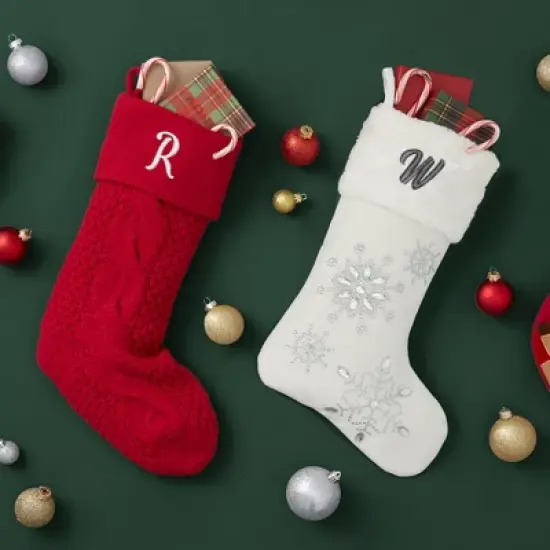 Personalization Mall Cozy Cable Knit Embroidered Initial Stocking, Red image {1}