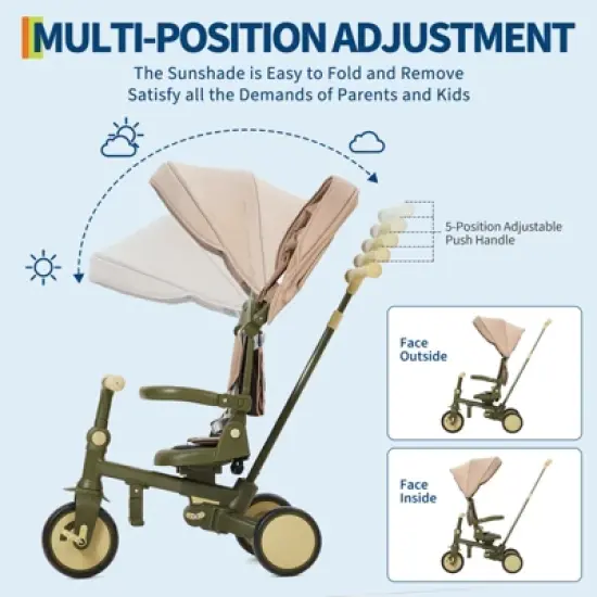 7-in-1 Foldable Tricycles for 1-3 Year Olds, Toddler Bike, Birthday Gift and Toy for Boys and Girls, Toddler Tricycle with Parent Push Handle image {4}