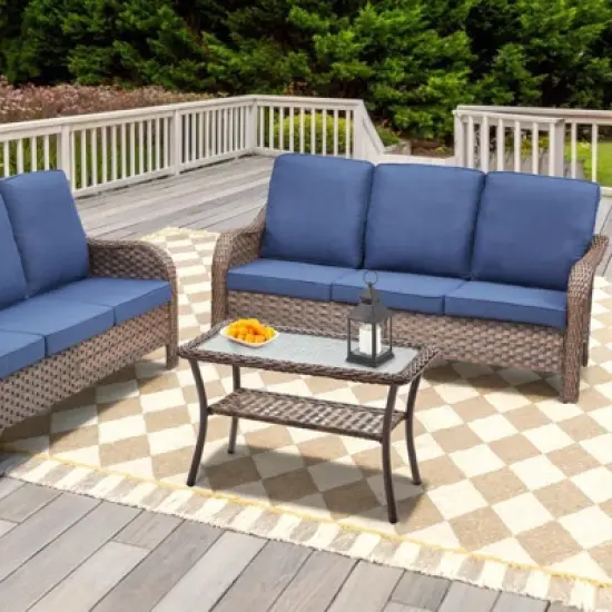 Buenhomino Outdoor Coffee Table with Storage Wicker Patio Coffee Table, Tempered Glass Top Coffee Table for Patio Outside Balcony Porch Deck image {4}