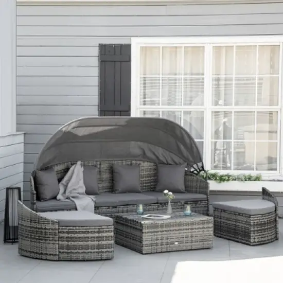 Outsunny Outdoor Round Daybed 4 Pieces Wicker Outdoor Rattan Sofa with Canopy, Cushions, Pillows Patio Bed Sets for Garden Backyard image {1}