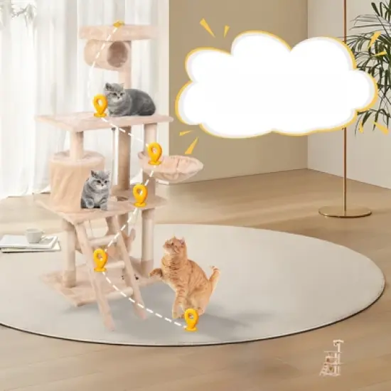 DSVIMOY 55In Cat Tree Tower for Indoor Cats,Multi-Level, Furniture Activity Center with Scratching Posts Stand, Cream White, 25.6"*15.8"*55.1" image {4}