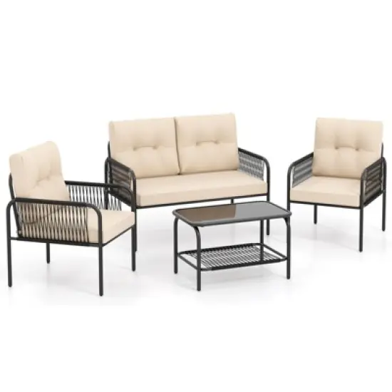 Costway 4 PCS Patio Furniture Set with Loveseat Tempered Glass Coffee Table & Soft Cushions image {9}