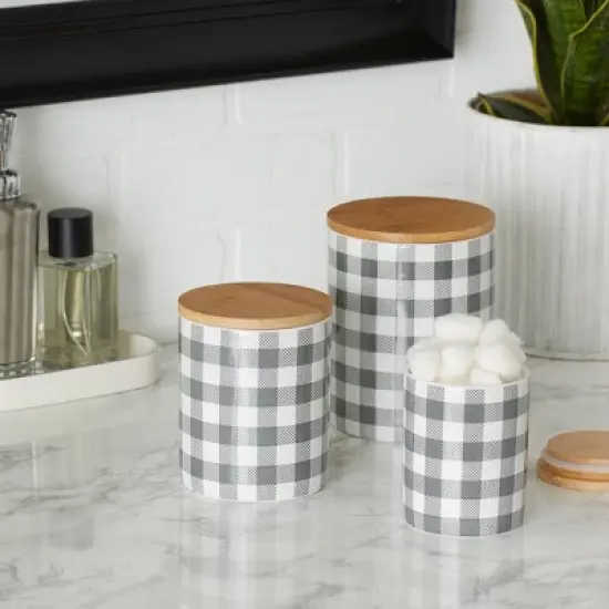Design Imports Gray & White Buffalo Check Ceramic Canister Set/3 image {6}
