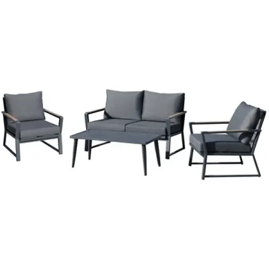 Outsunny 4 Piece Patio Furniture Set, Aluminum Conversation Set, Outdoor Garden Sofa Set with Armchairs, Loveseat, Center Coffee Table and Cushions image {2}