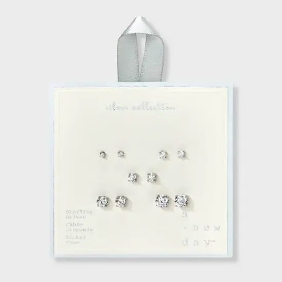 Sterling Silver Cubic Zirconia Stud Earring Set 5pc - A New Day&trade; Silver image {1}