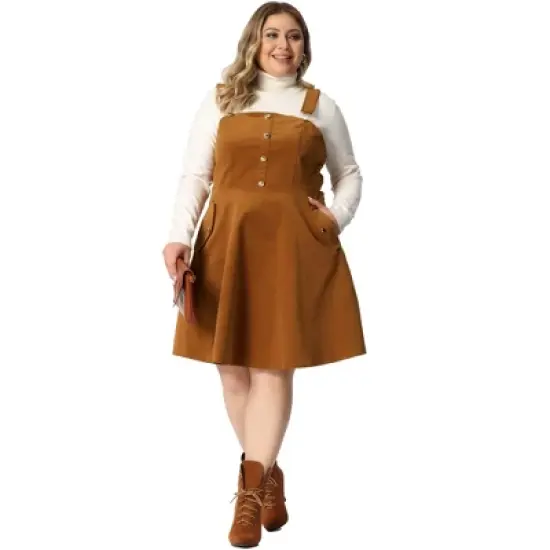 Agnes Orinda Women's Plus Size Corduroy Pinafore Short Dress Adjustable Strap Overall Dress Suspender Skirt image {2}