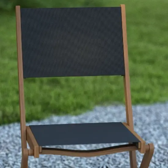 Emma and Oliver Set of Two Weather Resistant All Natural Acacia Wood Folding Bistro Chairs with Textilene Mesh Seats and Backs image {2}