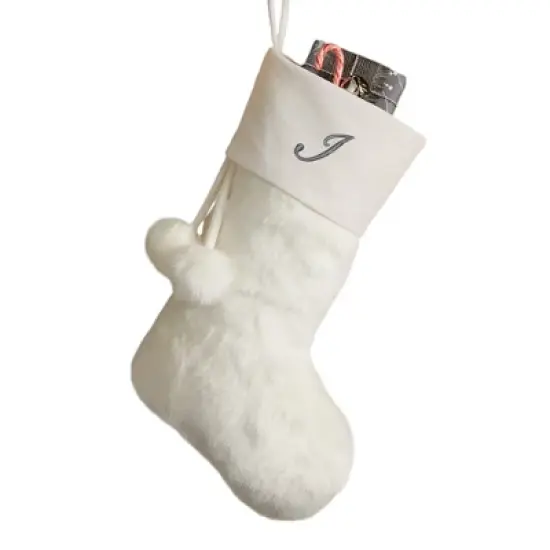 Personalization Mall Embroidered Initial Faux Fur Christmas Stocking, Ivory image {10}