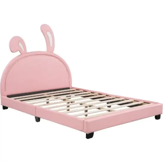 Full Size Faux Leather Upholstered Platform Bed with  Ears Headboard, Cute Kids Bed Frame, No Box Spring, Easy Assembly image {4}