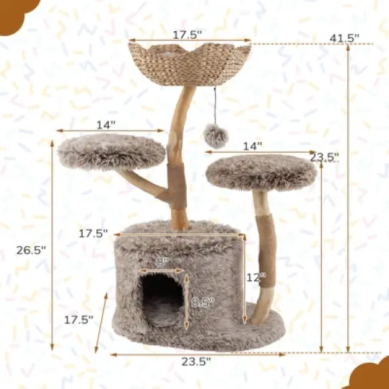 Costway Solid Wood Cat Tree with Well-woven Cattail Basket Luxury Condo Scratching Posts image {2}
