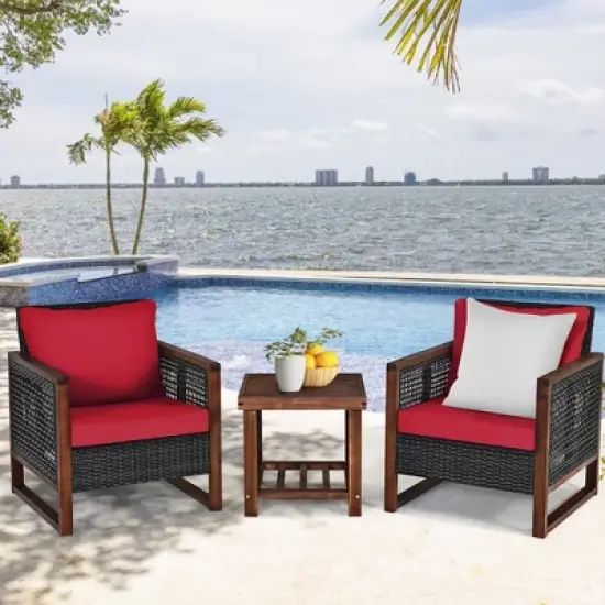Costway 3PCS Patio Wicker Furniture Set Solid Wood Frame Cushion Sofa w/ Square Table Shelf image {12}