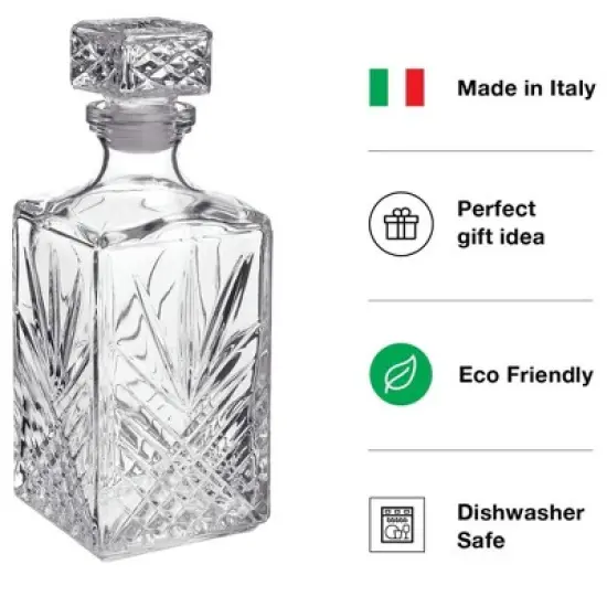 Bormioli Rocco Selecta Decanter - Etched Starburst Glass with Airtight Diamond Stopper - 33.75 Oz. Italian Glass Barware, Dishwasher Safe image {3}