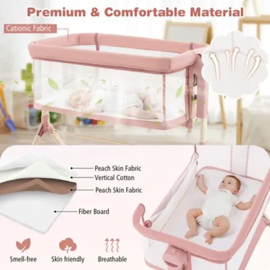Safstar 3 in 1 Baby Bedside Bassinet w/Storage Basket, Universal Wheels, Adjustable Height, Mattress, Net & Portable Bag, Carriable Crib, Pink image {5}