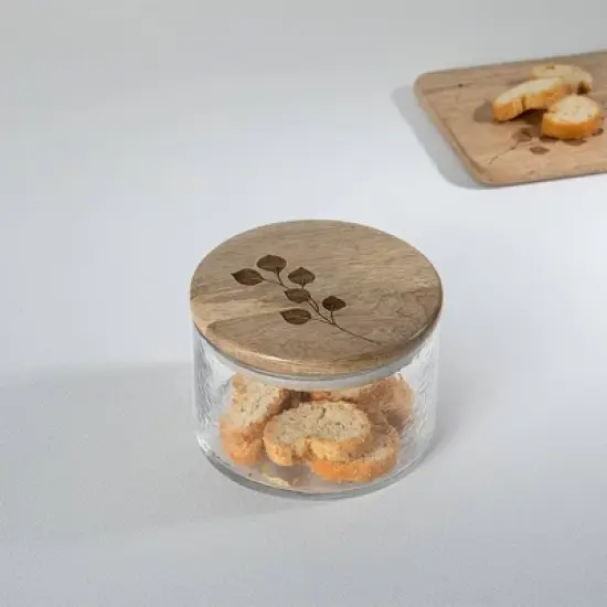 Leafy Twig Glass Jar/Container with Wooden Lid-700 ml image {1}