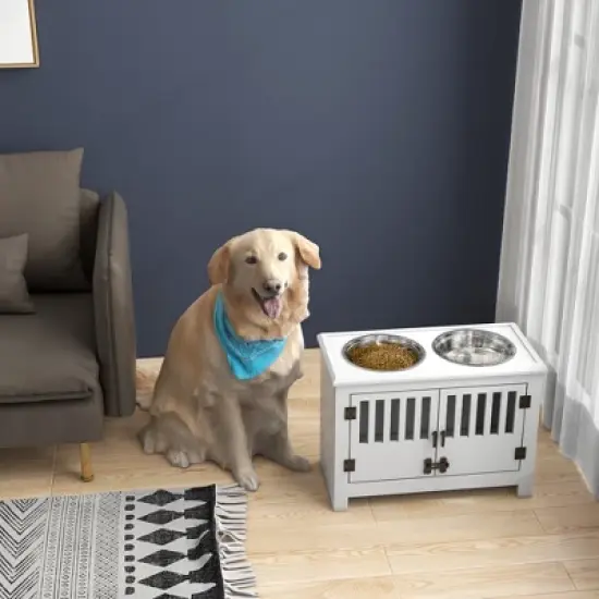 Gulches PawHut Large Elevated Dog Bowls with 37L Storage Cabinet - White image {9}