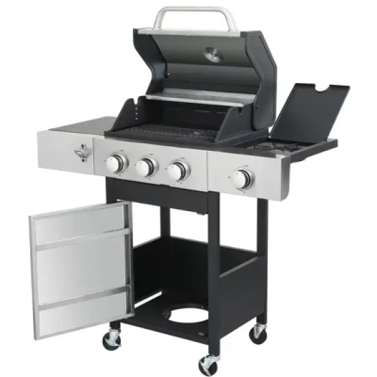 Dolonm 3+1 Burner Gas Grill: 37,230BTU w/Side Cooker, Enamel Cast Iron Grids & Lockable Casters - SS Front Door image {4}