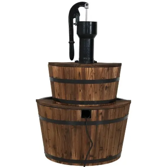 Sunnydaze 34"H Electric Fir Wood 2-Tier Farmhouse Barrel with Metal Decorative Hand Pump Outdoor Water Fountain image {7}