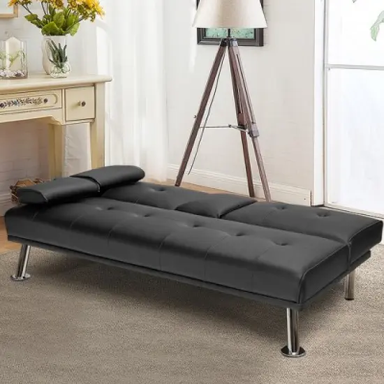 Costway Convertible Folding Futon Sofa Bed Leather w/Cup Holders&Armrests White\Black\Brown image {2}