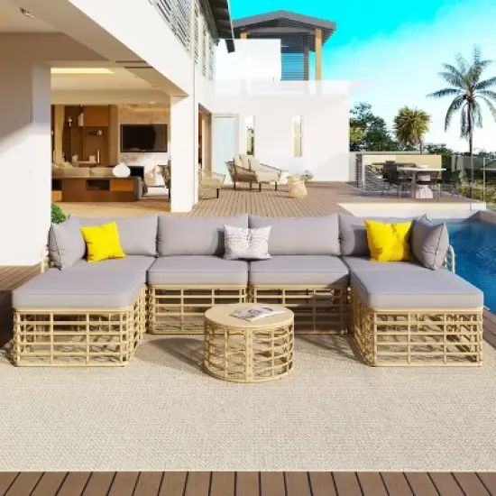 Outdoor 7-Pieces Sectional Sofa Set, All-Weather Rattan Sofa Set with Coffee Table, Freely Combined Sofa with Polyester Cushions&ndash;Cuddlewood image {8}