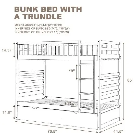 Twin Over Twin Wood Bunk Bed with Safety Rail and Movable Trundle-ModernLuxe image {3}