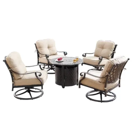 Oakland Living 5pc Aluminum Outdoor Patio Fire Pit Dining with 34" Round Fire Table Copper/Beige image {1}